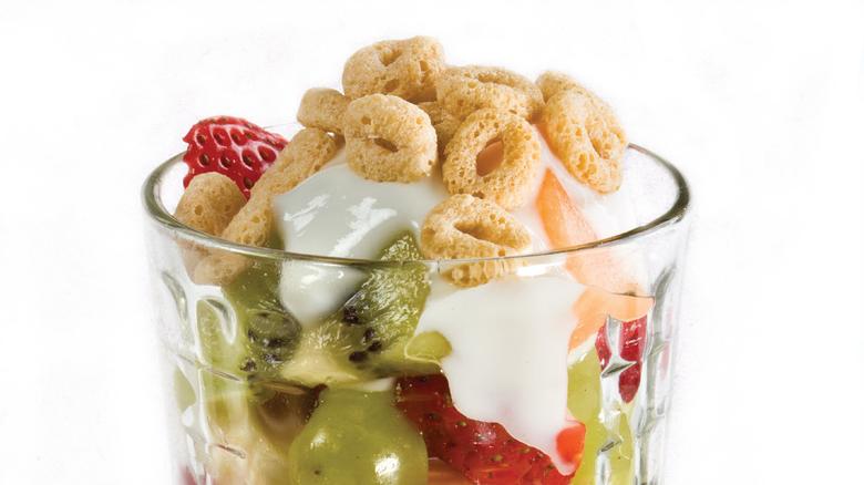 Photo of fruit salad in a glass