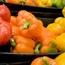 Photo of red, orange, and yellow peppers