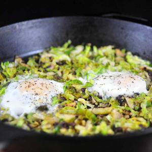 Photo of prepared Brussels Sprout Hash and Eggs