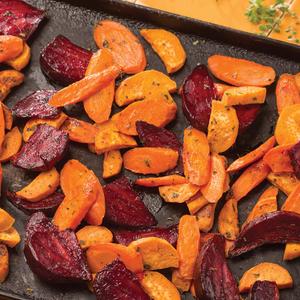 Photo of a sheet pan of roasted root vegetables