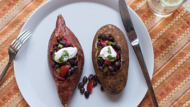 Photo of two Southwest Baked Potatoes on a plate