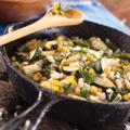 Photo of corn and squash saute in a frying pan