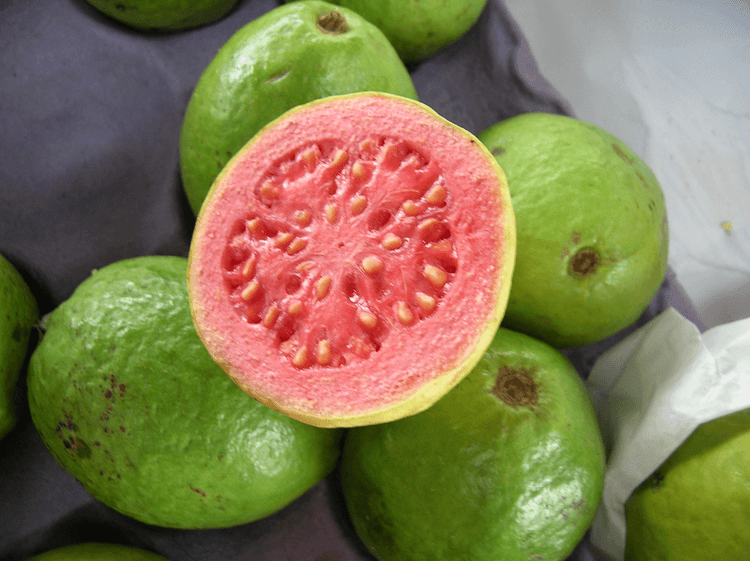 Photo of a guava cut in half, with several whole guavas behind