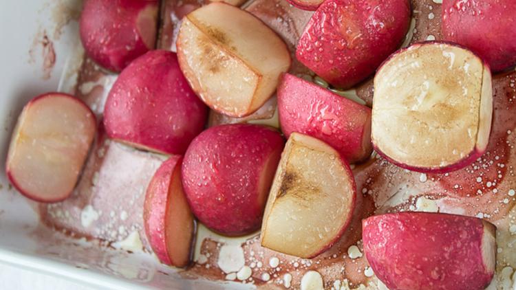 A pan of roasted radishes