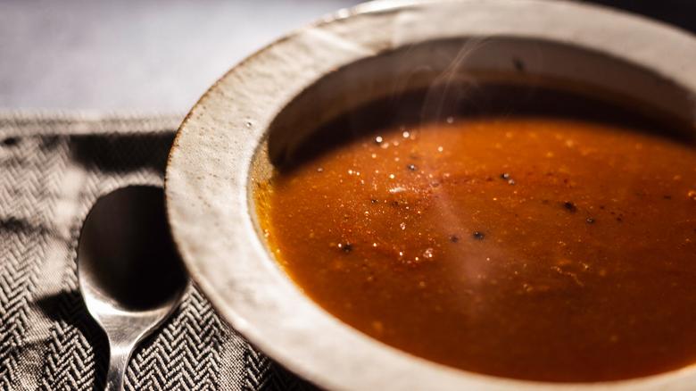 Photo of a bowl of steaming hot Tomato and White Bean Soup