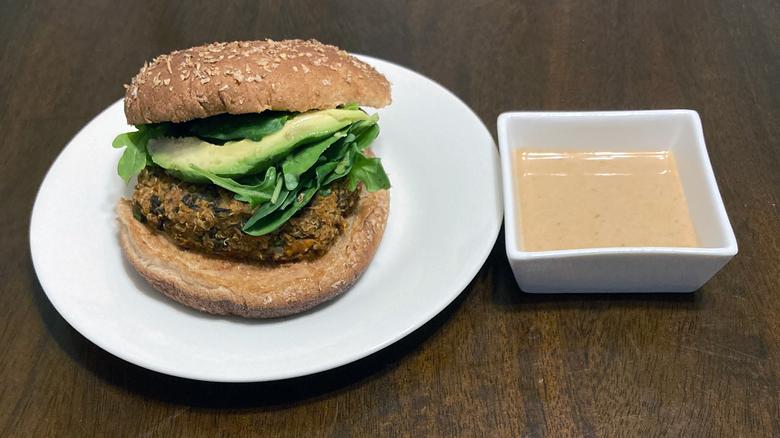 Photo of prepared burger and sauce