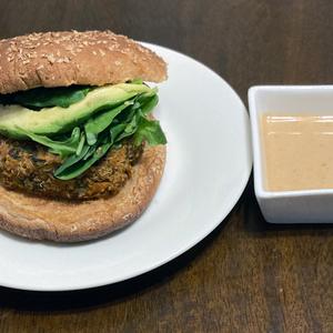 Photo of prepared burger and sauce